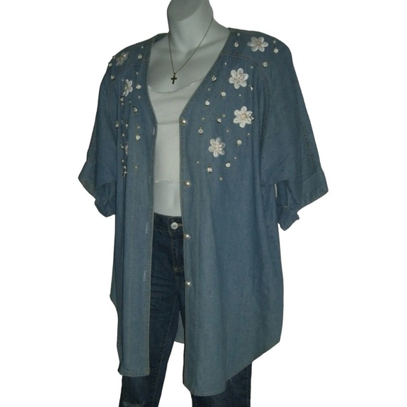 Vintage 80's Bingo Top Denim Pearls Cardigan Flower Sequin Shirt Plus Grandma 16 - Picture 5 of 12